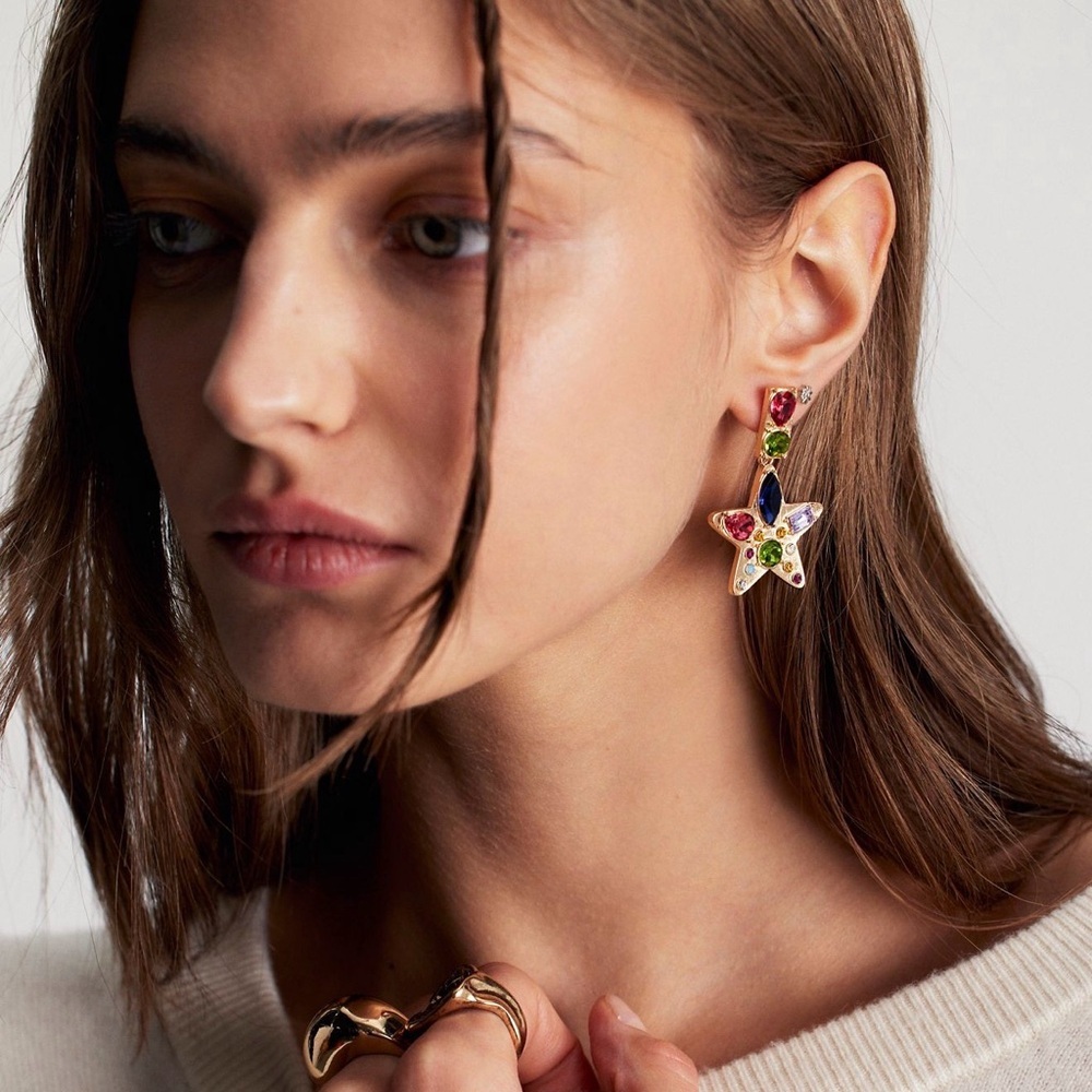 Free People Nancy Ann Earrings Gold Toned and Jeweled Stars NWT $48 - Picture 3 of 5